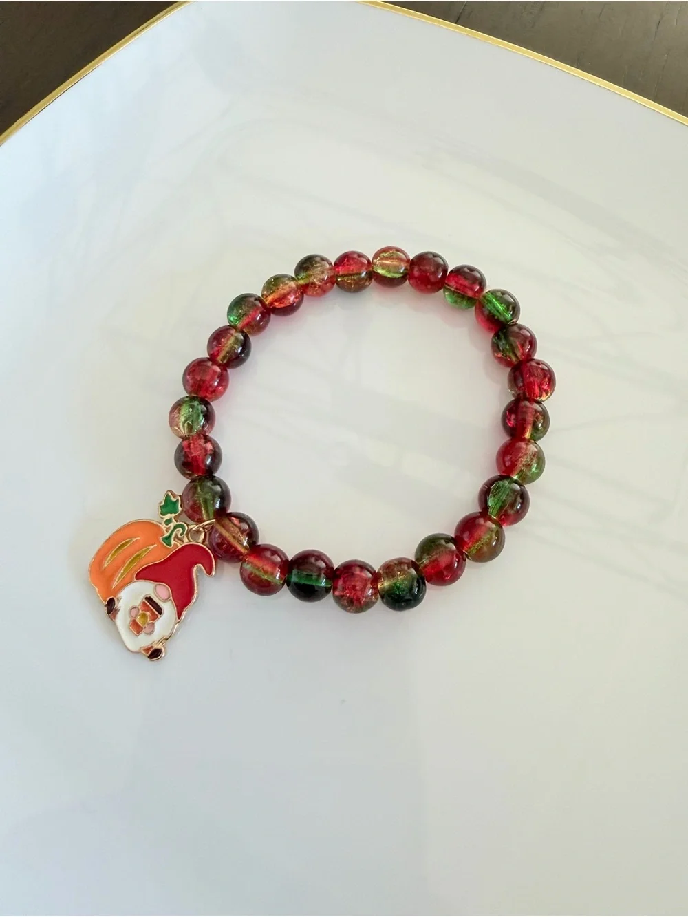 Handmade Red & Green Beaded Bracelet with Pumpkin Gnome Charm